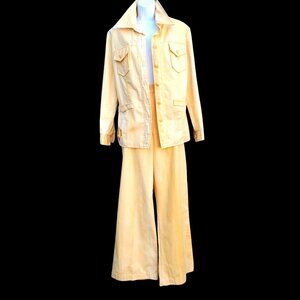 Vintage 70s Yellow Denim Western Leisure Pant Suit Women 14 L Fredericks
